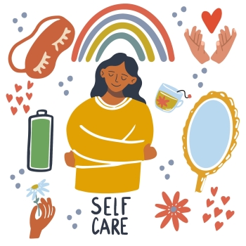 Radical Self-Care Therapy: Woman hugging herself as a show of self-care image